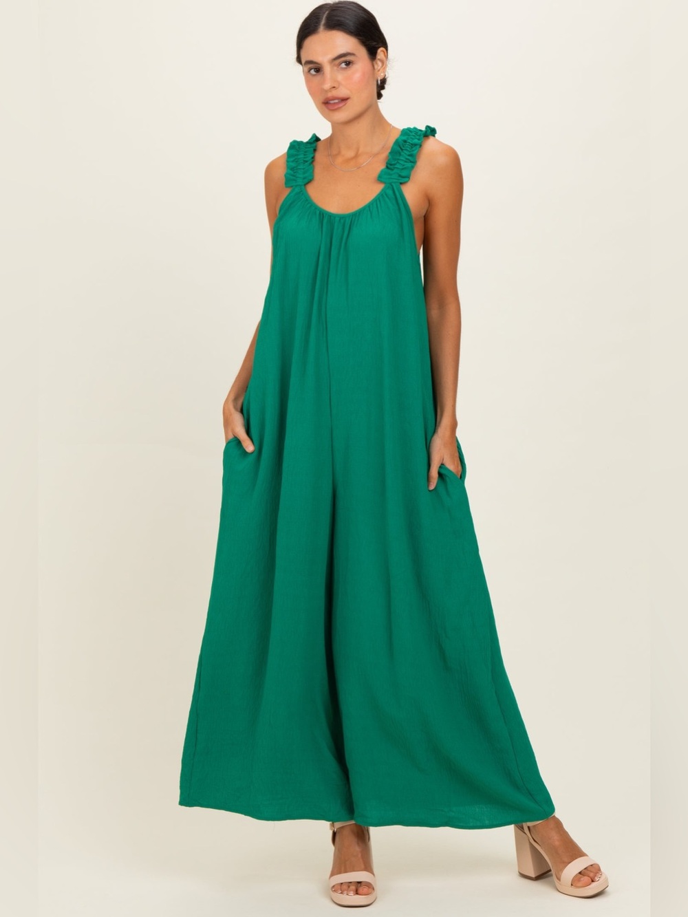 ADORA Emerald Green Ruffle-Shoulder Wide Leg Jumpsuit
